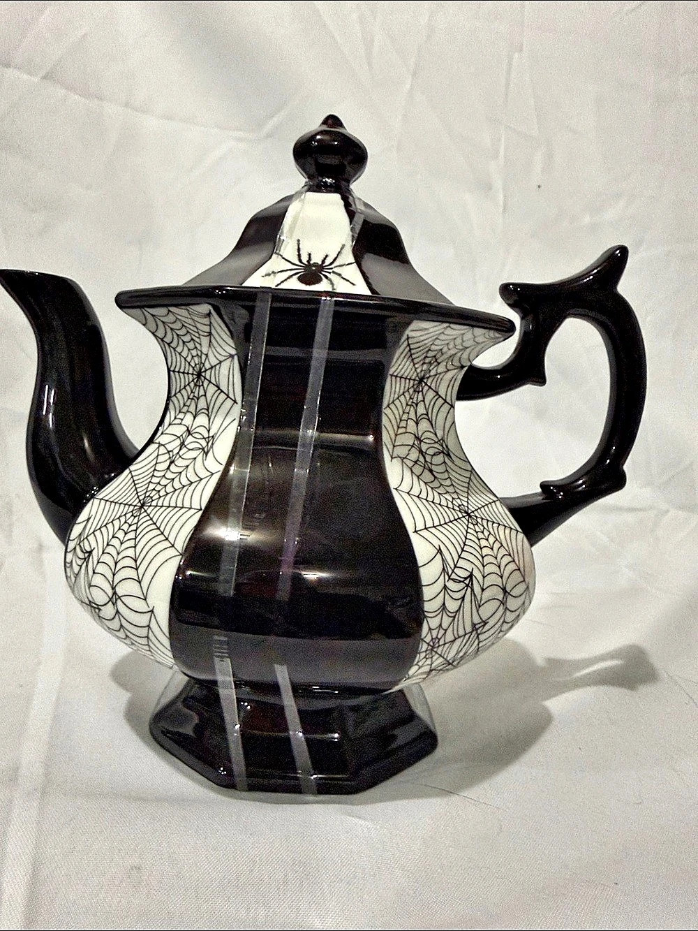 Grace Teaware Halloween Spider Web Black White Porcelain Teapot